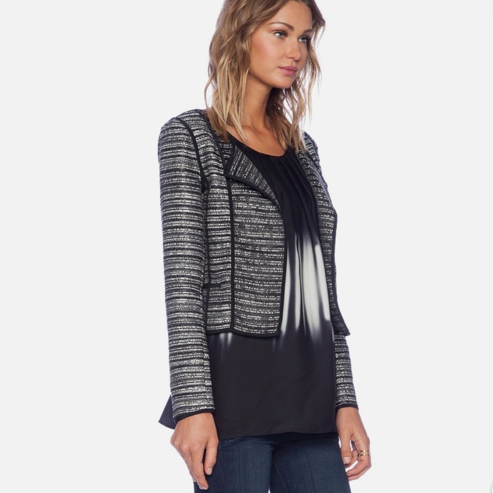 MILLY piped cardigan jacket black and white stripe wool blend blazer, size 6